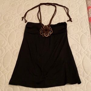 Black tank top with brown yarn halter
